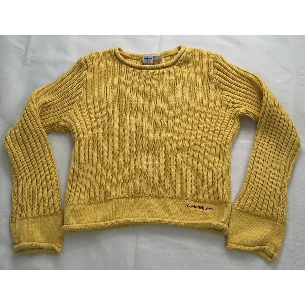VTG Calvin Klein Sweater Women's Large Yellow Roll Neck Chunky Cotton Pullover
